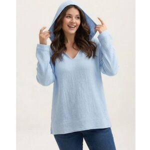 NWat J. Jill Double-Gauze V-Neck Hoodie In Light Blue Women's Size XL